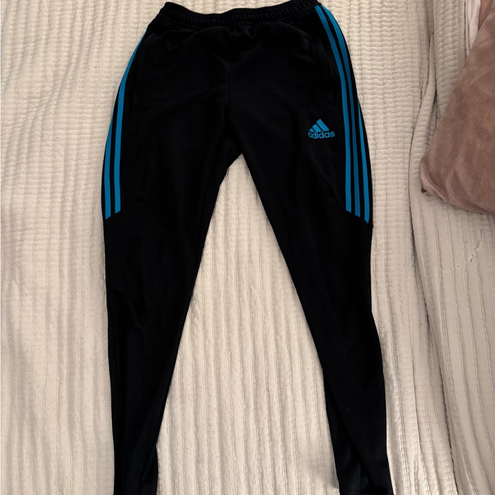 Adidas Black Joggers with Blue Stripes